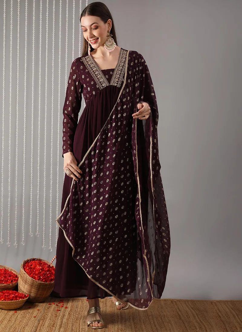 جلو باص Globus Women Wine Embroidered V-Neck Gold Foil Ethnic Print Georgette Alia Cut Anarkali Maxi Festive Dress With Dupatta